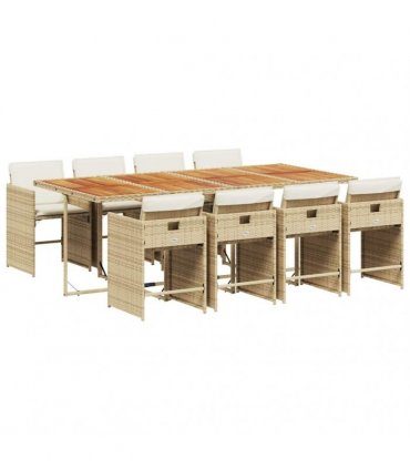 vidaXL 9 Piece Garden Dining Set with Cushions Beige Poly Rattan
