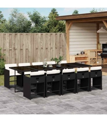vidaXL 11 Piece Garden Dining Set with Cushions Black Poly Rattan