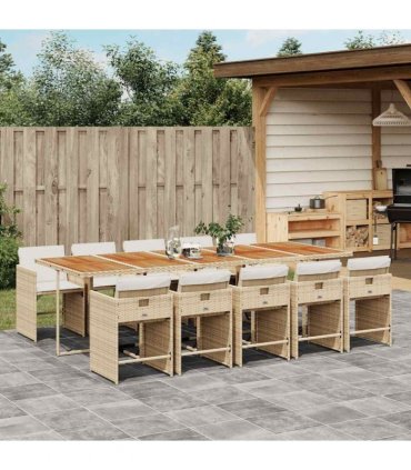 vidaXL 11 Piece Garden Dining Set with Cushions Beige Poly Rattan