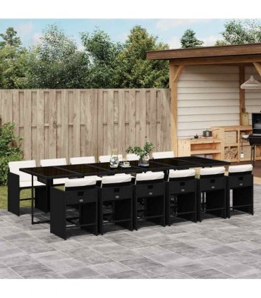 vidaXL 13 Piece Garden Dining Set with Cushions Black Poly Rattan