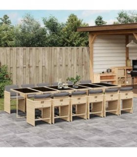 vidaXL 13 Piece Garden Dining Set with Cushions Mix Beige Poly Rattan