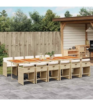 vidaXL 13 Piece Garden Dining Set with Cushions Beige Poly Rattan