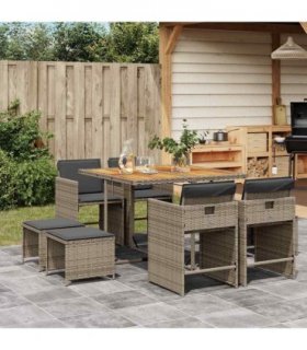 vidaXL 9 Piece Garden Dining Set with Cushions Grey Poly Rattan
