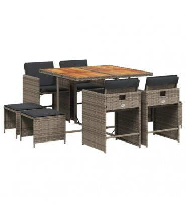 vidaXL 9 Piece Garden Dining Set with Cushions Grey Poly Rattan