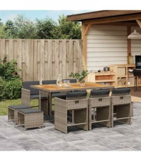vidaXL 11 Piece Garden Dining Set with Cushions Grey Poly Rattan