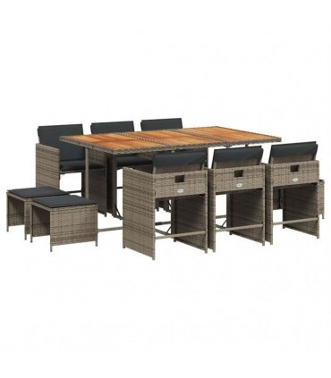vidaXL 11 Piece Garden Dining Set with Cushions Grey Poly Rattan