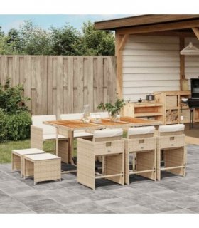 vidaXL 11 Piece Garden Dining Set with Cushions Beige Poly Rattan