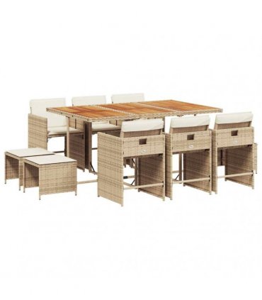 vidaXL 11 Piece Garden Dining Set with Cushions Beige Poly Rattan