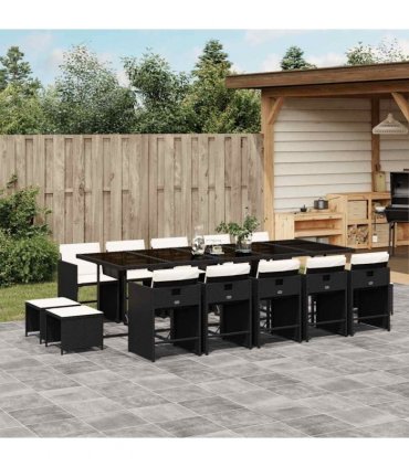 vidaXL 15 Piece Garden Dining Set with Cushions Black Poly Rattan