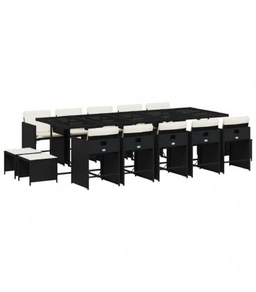vidaXL 15 Piece Garden Dining Set with Cushions Black Poly Rattan