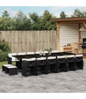 vidaXL 17 Piece Garden Dining Set with Cushions Black Poly Rattan