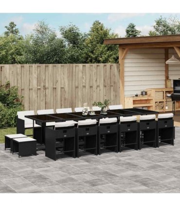 vidaXL 17 Piece Garden Dining Set with Cushions Black Poly Rattan