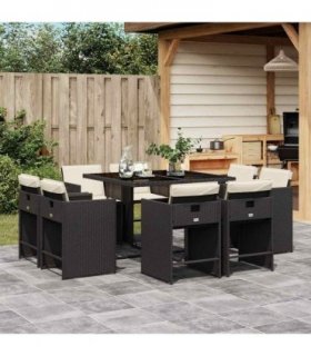 vidaXL 9 Piece Garden Dining Set with Cushions Black Poly Rattan