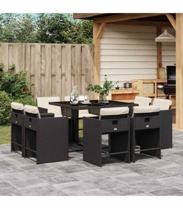 vidaXL 9 Piece Garden Dining Set with Cushions Black Poly Rattan