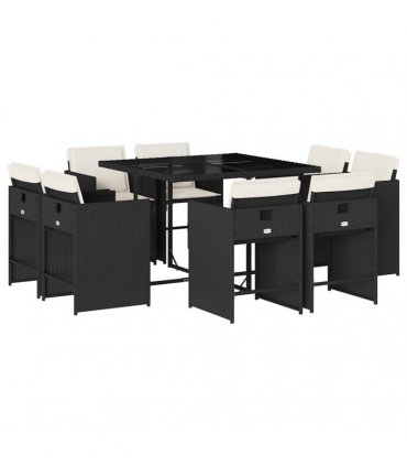 vidaXL 9 Piece Garden Dining Set with Cushions Black Poly Rattan