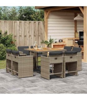 vidaXL 9 Piece Garden Dining Set with Cushions Grey Poly Rattan