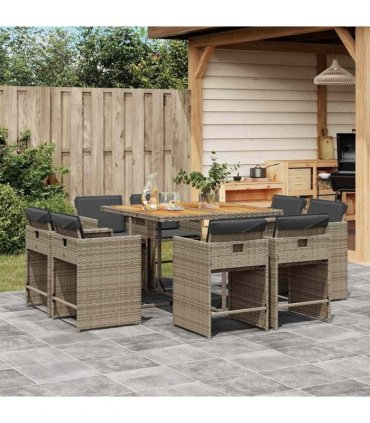 vidaXL 9 Piece Garden Dining Set with Cushions Grey Poly Rattan