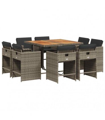 vidaXL 9 Piece Garden Dining Set with Cushions Grey Poly Rattan