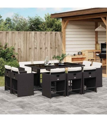 vidaXL 11 Piece Garden Dining Set with Cushions Black Poly Rattan