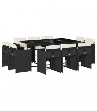 vidaXL 11 Piece Garden Dining Set with Cushions Black Poly Rattan
