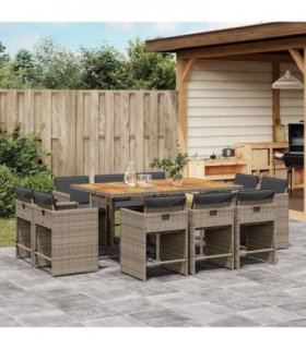 vidaXL 11 Piece Garden Dining Set with Cushions Grey Poly Rattan
