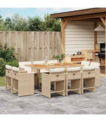 vidaXL 11 Piece Garden Dining Set with Cushions Beige Poly Rattan