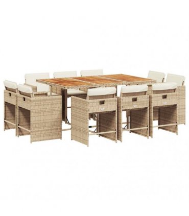 vidaXL 11 Piece Garden Dining Set with Cushions Beige Poly Rattan