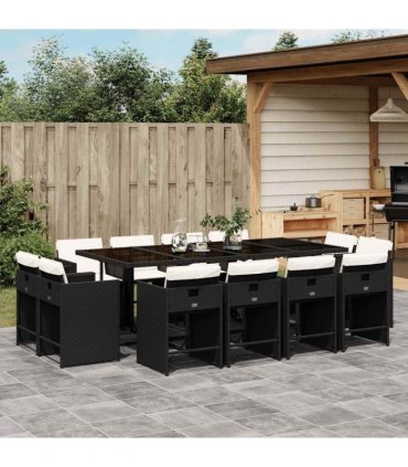 vidaXL 13 Piece Garden Dining Set with Cushions Black Poly Rattan