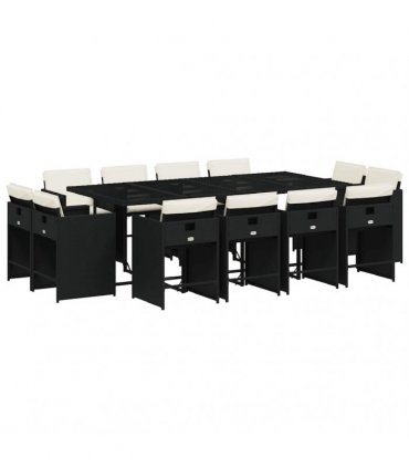 vidaXL 13 Piece Garden Dining Set with Cushions Black Poly Rattan