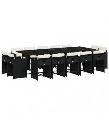 vidaXL 15 Piece Garden Dining Set with Cushions Black Poly Rattan