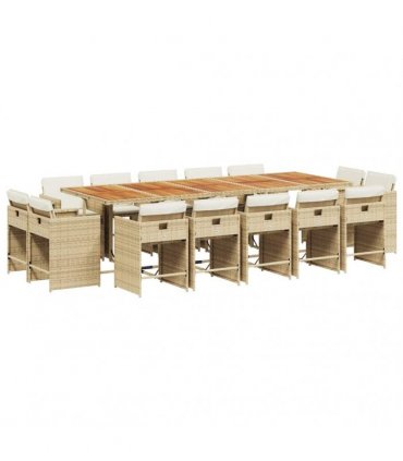 vidaXL 15 Piece Garden Dining Set with Cushions Beige Poly Rattan