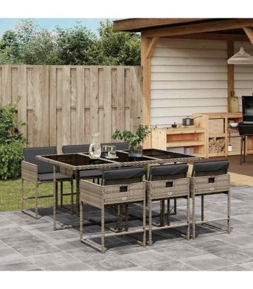 vidaXL 7 Piece Garden Dining Set with Cushions Grey Poly Rattan