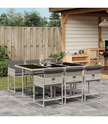 vidaXL 7 Piece Garden Dining Set with Cushions Light Grey Poly Rattan