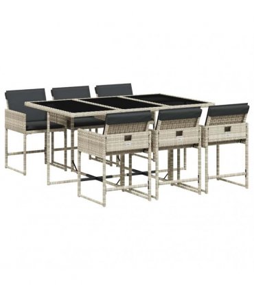 vidaXL 7 Piece Garden Dining Set with Cushions Light Grey Poly Rattan
