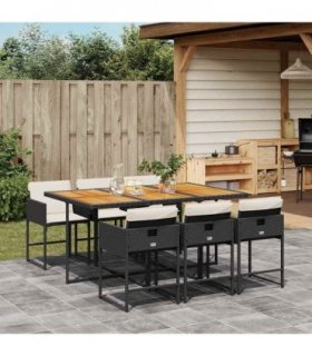 vidaXL 7 Piece Garden Dining Set with Cushions Black Poly Rattan