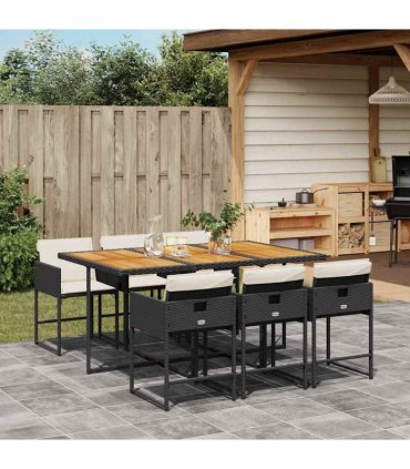 vidaXL 7 Piece Garden Dining Set with Cushions Black Poly Rattan