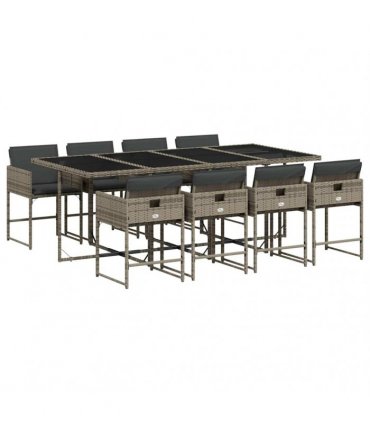 vidaXL 9 Piece Garden Dining Set with Cushions Grey Poly Rattan
