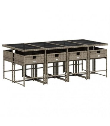 vidaXL 9 Piece Garden Dining Set with Cushions Grey Poly Rattan