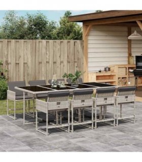 vidaXL 9 Piece Garden Dining Set with Cushions Light Grey Poly Rattan