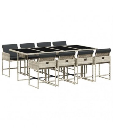 vidaXL 9 Piece Garden Dining Set with Cushions Light Grey Poly Rattan