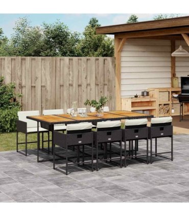 vidaXL 9 Piece Garden Dining Set with Cushions Black Poly Rattan