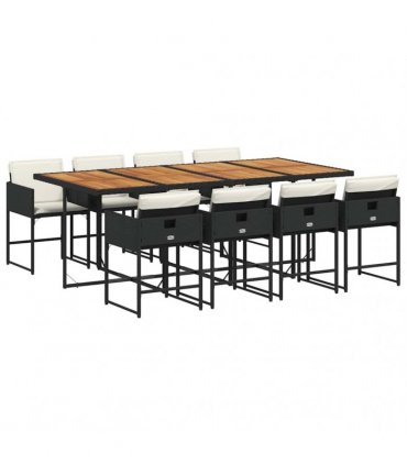 vidaXL 9 Piece Garden Dining Set with Cushions Black Poly Rattan