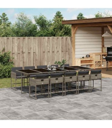 vidaXL 11 Piece Garden Dining Set with Cushions Grey Poly Rattan
