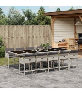 vidaXL 11 Piece Garden Dining Set with Cushions Light Grey Poly Rattan