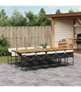 vidaXL 11 Piece Garden Dining Set with Cushions Black Poly Rattan