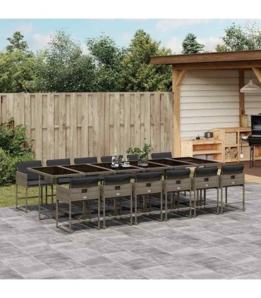 vidaXL 13 Piece Garden Dining Set with Cushions Grey Poly Rattan