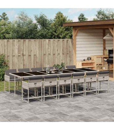 vidaXL 13 Piece Garden Dining Set with Cushions Light Grey Poly Rattan