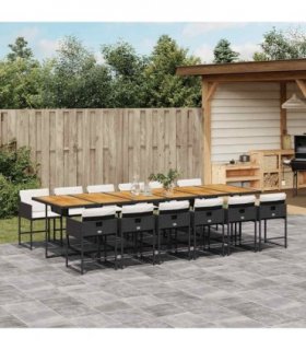 vidaXL 13 Piece Garden Dining Set with Cushions Black Poly Rattan
