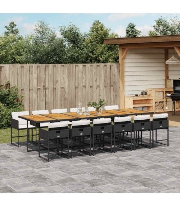 vidaXL 13 Piece Garden Dining Set with Cushions Black Poly Rattan