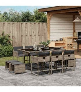 vidaXL 11 Piece Garden Dining Set with Cushions Grey Poly Rattan
